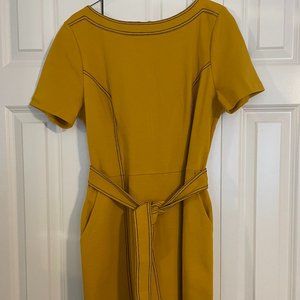Boden sheath dress, belted, mustard yellow with navy blue stitching